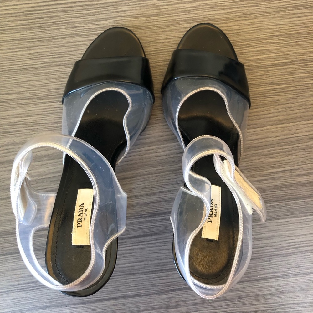 PRADA Lucite PVC Clear Black Block Heel Velcro Ankle Strap SS 2010 Runway 37.5 - Picture 4 of 14